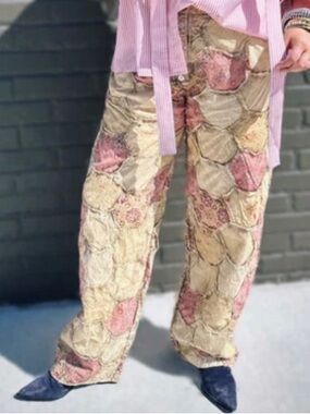Patchwork Floral Wide-Leg Pants in Cream & Pink